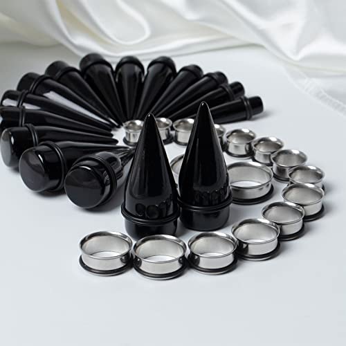 32 PCS 00G - 24mm Ear Taper Kit Gauge Stretching Kit | Hypoallergenic surgical Stainless steel Tapers Tunnels Plugs, body piercing jewelry for women and men - color: Black