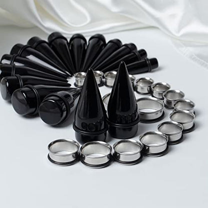 32 PCS 00G - 24mm Ear Taper Kit Gauge Stretching Kit | Hypoallergenic surgical Stainless steel Tapers Tunnels Plugs, body piercing jewelry for women and men - color: Black