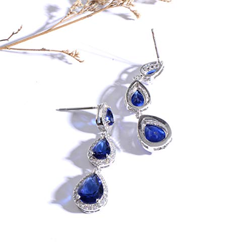Women's Cubic Zirconia Bridal Earrings - Elegant Long Wedding Party Prom Earring for Bride Bridesmaids Crystal CZ Rhinestone Chandelier Statement Dangle Drop Earrings for Women - color: Sapphire - 14K White Gold Plated