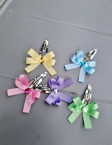 Heart Gem Ribbon Hair Snap Clips with Satin Bow, Multicolor Set of 5, Pink Yellow Green Blue Purple, 2 Inch