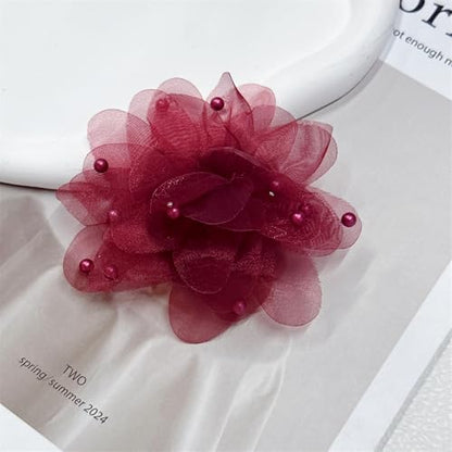 13cm/5in Beaded Mesh Flower Brooch Pin for Women Girls Dainty Round Shell Pearl Ball Beads Camellia Peony Flowers Brooches Lapel Hair Pins Elegant Wedding Anniversary Accessories Jewelry - color: Wine Red