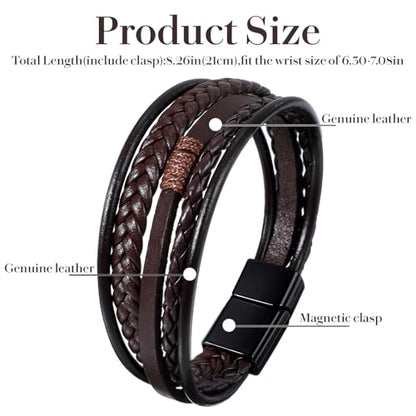 Grevosea Men's Braided Bracelet, Adjustable Brown Knot Mens Leather Multi-strand Bracelet Gift for Husband Boyfriend - color: Brown