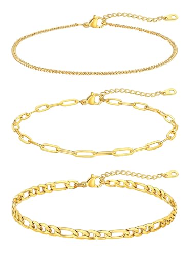 FaithHeart Waterproof Ankle Bracelets for Women, 1/2/3Pcs Non Tarnish Stainless Steel Layered Anklet Set Paperclip Figaro Cuban Link Chain Dainty Summer Beach Jewelry Gift Adjustable Size - style: d.Paperclip Mixed 3Pcs - Gold