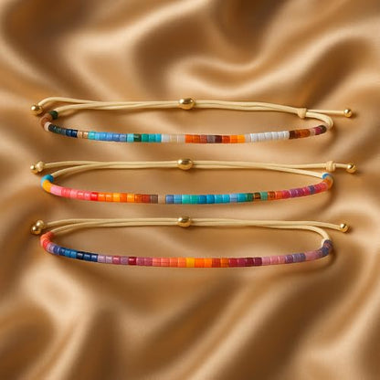 Seed Beaded String Rope Adjustable Bracelets Set for Women Men, Small Colorful Boho Rice 3Pcs Stack Handmade Thin Jewelry, Daily Beach Vacation Friendship Gift - color: Blue Colorful B
