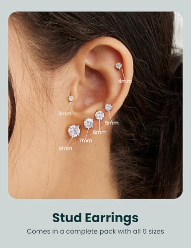 6 Pairs Hypoallergenic Cubic Zirconia Earrings Surgical Steel Flat Back Studs for Cartilage, Screw Back Fashion Jewelry - color: A-001-Silver