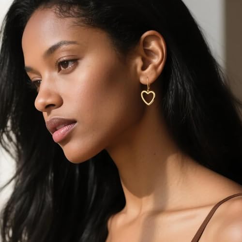 14K Gold Plated 925 Sterling Silver Openwork Love Heart Dangle Earrings, Leverback Huggie Hoop Hypoallergenic Trendy Earrings for Women - color: 14K Gold-B