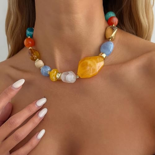 Chunky Acrylic Beaded Necklace for Women Colorful Acrylic Resin Beaded Choker Big Round Beads Statement Necklace Fashion Jewelry - color: Yellow