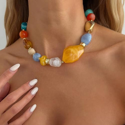Chunky Acrylic Beaded Necklace for Women Colorful Acrylic Resin Beaded Choker Big Round Beads Statement Necklace Fashion Jewelry - color: Yellow