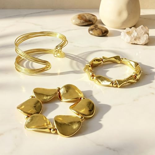 14K Gold Plated 4Pcs Layered Bracelet Set for Women Matte Textured Tassel Cuff Bangle Boho Vintage Adjustable Stackable Fashion Accessories