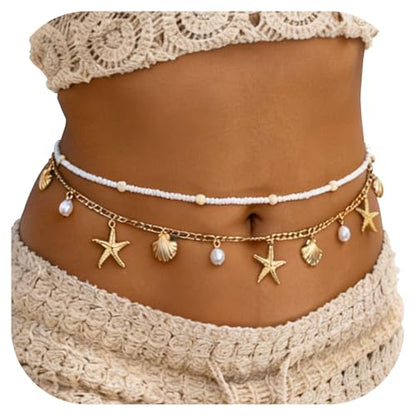 Gold Starfish Waist Beads for Women - Adjustable Layered Waist Chain Bohemian Shell Beaded Bikini Belly Body Chain for Summer Beach Vacation & Boho Accessories - style: Style 1