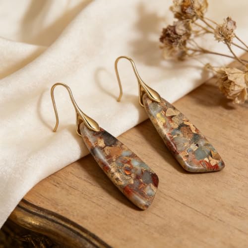 Boho Natural Imperial Jasper Teardrop Dangle Earrings for Women – Hypoallergenic French Hook Stone Drop Earrings Jewelry - color: Agalmatolite Golden Hook