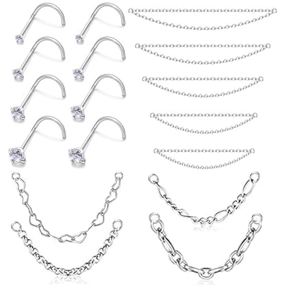 20/18G Nose Rings Chain Across Nose Piercings for Women Men Surgical Steel Double Chains Corkscrew l Shaped Bar - size: Corkscrew, 18g(1.0mm)