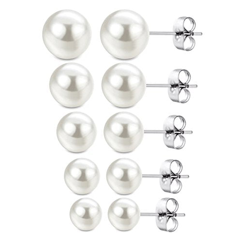 Jewelrieshop Faux Pearl Stud Earrings 5 Pairs, Stainless Steel Hypoallergenic Starter Set for Women - color: White