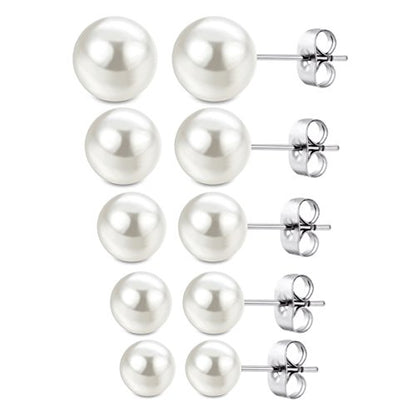 Jewelrieshop Faux Pearl Stud Earrings 5 Pairs, Stainless Steel Hypoallergenic Starter Set for Women - color: White
