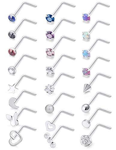 20G 18G 16G Cubic Zirconia Nose Rings Studs 316L Surgical Steel Hypoallergenic Nose Piercings Jewelry for Women Men CZ 2mm-3mm 24 Pcs - color: D:20G L Shaped + Silver Tone