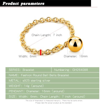 Dankadi Women 925 Sterling Silver Round Cable Wire Link Bracelet Charm Heart-Bell-Square-Circle Pendant Chain Bangle Fine Jewelry Gift For Wife Her - color: 6MM Gold Bell Pendant, size: 7 in