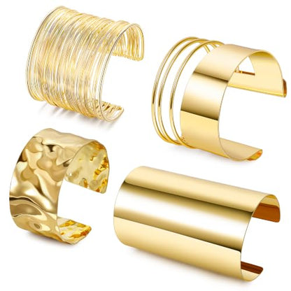 4PCS Chunky Cuff Bracelets Set for Women Hammered Chunky Bracelets Adjustable Open Wide Wire Bracelets Irregular Minimalist Coil Bangle Set Gold Silver Upper Arm Punk Jewelry - color: Gold B