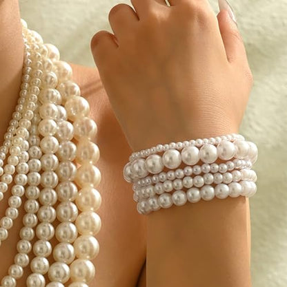 Pearl Bracelets for Women Simulated Pearl Beaded Bracelet White Pearls Stackable Stretch Bracelet Set Multilayered Elastic Pearls Bracelets for Women Bridesmaid Bridal Jewelry - color: pearl