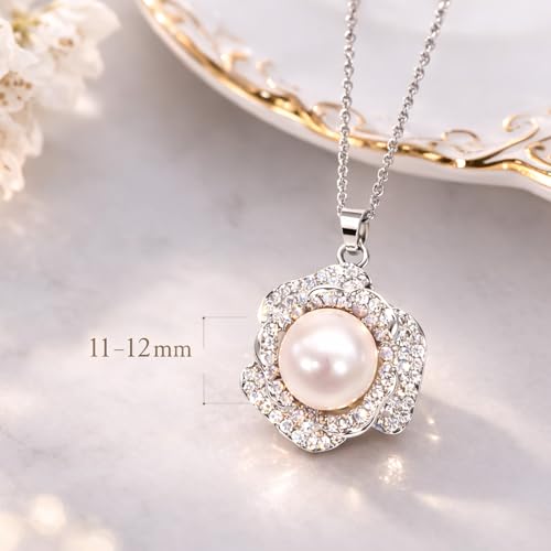 11-12mm White Freshwater Pearl Necklace for Women, Flower Pendant | White Pearl Jewelry Gift for Wife Mom Girlfriend, 16.3"+2" Adjustable Chain，Mother’s Day/Grandma's Gift