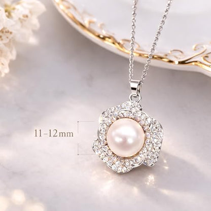 11-12mm White Freshwater Pearl Necklace for Women, Flower Pendant | White Pearl Jewelry Gift for Wife Mom Girlfriend, 16.3"+2" Adjustable Chain，Mother’s Day/Grandma's Gift