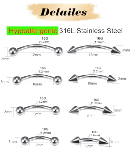 Eyebrow Piercing Jewelry Surgical Steel Curved Barbell Tiny Eyebrow Ring Vertical Labret Lip Jewelry Ear Rook Navel Small Belly Button Ring for Women Men 6mm/8mm/10mm/12mm - size: 16Gauge-Silver-4Pairs
