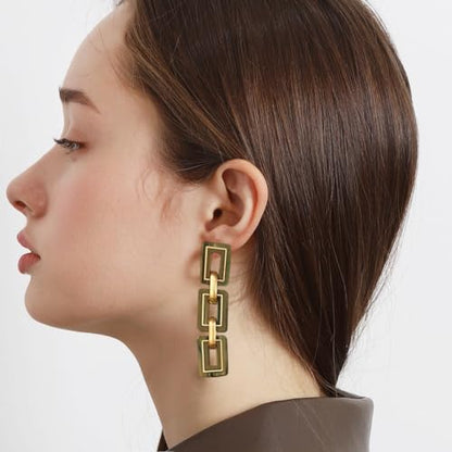Ozel - Natural Wooden Acrylic Boho Drop Dangle Earrings for Women - Geometric Statement Jewellery - Brown, Black, Magent Red, Olive Green, White beige - color: 3Square_Olive