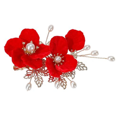 Bridal Flower Hair Clips, Crystal Hair Pins Pearl Rhinestone Hair Barrettes, Wedding Hair Pieces Pearl Headpieces Hair Accessories for Women Girls - color: Light Red