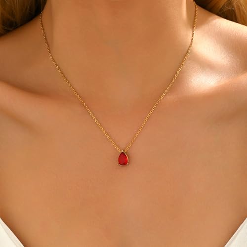 Cubic Zirconia Necklaces for Women 18K Gold Plated Tear drop Necklace Dainty Layered CZ Lariat Diamond Necklace - color: Red Teardrop-Gold