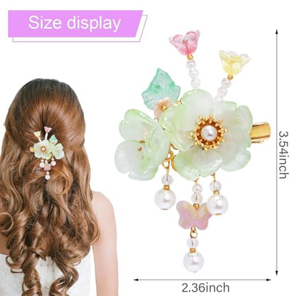 A Pair Wedding Hair Clips, Handmade Floral Design Crystal Hair Clips Pearl Barrettes, Rhinestones Flower Clips Pearl Headpieces Hair Pins Hair Accessories for Women Girls (Light Green) - color: Light Green