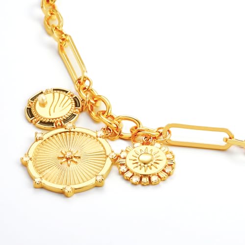 ORIGENCE Sun Heart Necklace for Women 18K Gold Plated Heart Pendant Necklace Chunky Chain Choker Necklaces Hip Hop Charm Necklaces Trendy Unisex Jewelry - style: 3Charm-Gold
