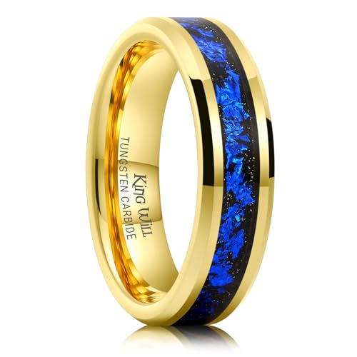 King Will Mens Wedding Band with Foils Inlay, Black/Silver/Gold | Black, 6mm/8mm, Beveled Edge, Comfort Fit, Glowstone Ring, Everyday Wear - color: Gold&Blue-6mm