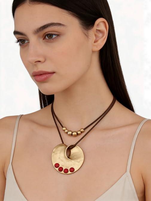 Boho Necklaces for Women Chunky Circle Necklace Bohemian Necklaces | Chunky Boho Necklace for Women Layered Boho Circle Leather Choker Necklace Long Vintage Necklaces Bohemian Jewlery Gifts - style: Bohemian Pendant Necklace