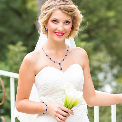 Jewelry Set for Women, Necklace Dangle Earrings Bracelet Set with White AAA Cubic Zirconia, Allergy Free Wedding Party Jewelry for Bridal Bridesmaid - color: Necklace+Earrings+Bracelet-blue