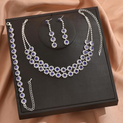 Rhinestone Bridal Wedding Jewelry Set，Crystal Necklace Earrings Bracelet Sets Formal Costume Jewelry for Women and Brides - color: BLUE