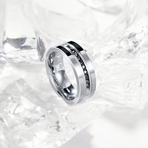 King Will Mens Tungsten Wedding Band with Cubic Zircon Inlay 7mm/8mm Flat Cut Comfort Fit Engagement Rings - color: Silver-8mm