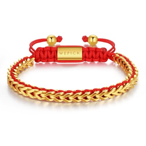 18K Gold-Plated Bracelets for Men Franco Link Chain Adjustable | Stainless Steel Bracelet, Gold Beads Bracelet, Handcrafted Braided, Mens Jewelry Birthday Gift for Men - color: Gold with Red