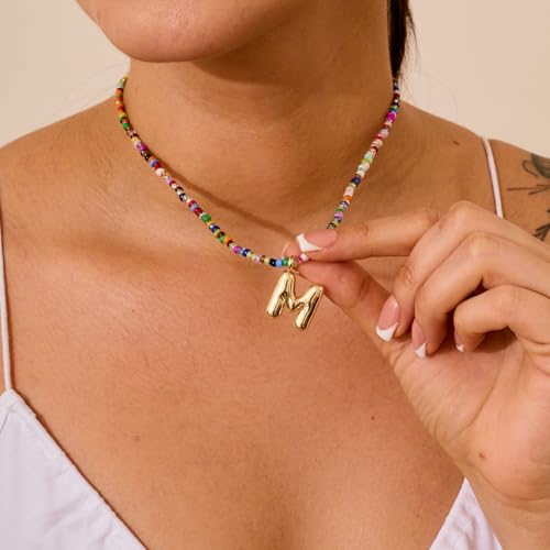 VRIUA Colorful Initial Necklaces for Women – Bubble Letter A-Z Necklace Handmade Beaded Necklace Dainty Initial Necklaces for Girls Kids - Teen Girls Gifts Trendy Jewelry - color: Gold, style: M
