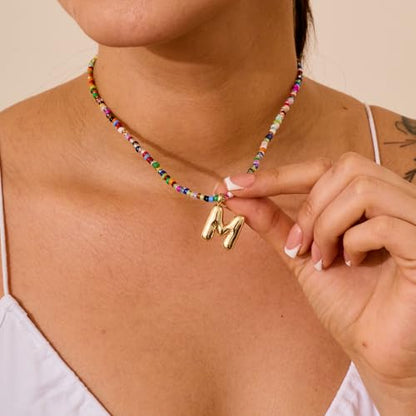 VRIUA Colorful Initial Necklaces for Women – Bubble Letter A-Z Necklace Handmade Beaded Necklace Dainty Initial Necklaces for Girls Kids - Teen Girls Gifts Trendy Jewelry - color: Gold, style: M