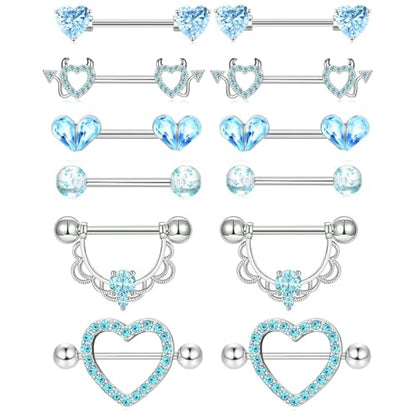 TIANCI FBYJS 6 Pairs Nipple Rings Stainless Steel Heart Butterfly Moon Flower CZ Stud Barbell Tongue Rings Set Cute Nipplerings Piercing Jewelry for Women Pink Tone - color: aqua