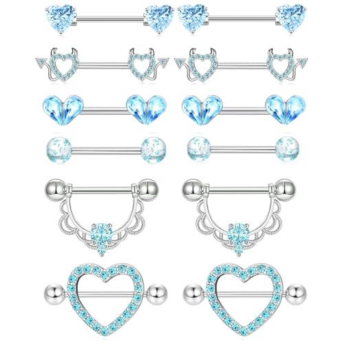 TIANCI FBYJS 6 Pairs Nipple Rings Stainless Steel Heart Butterfly Moon Flower CZ Stud Barbell Tongue Rings Set Cute Nipplerings Piercing Jewelry for Women Pink Tone - color: aqua