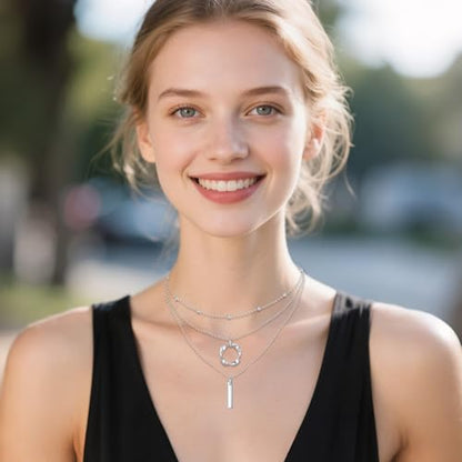 Layered Choker Necklaces 925 Sterling Silver Dainty Chain with Rectangle Circle Bar Pendant Fashion Jewelry for Women