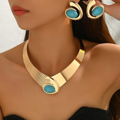Gold Jewelry Set Vintage Spiral With Oval Black Acrylic Pendant Necklace Earrings Bracelet Ring Set Bohemian Trendy Party Jewelry For Women - style: B