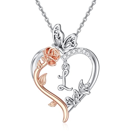 TOUPOP Gifts for Women Her 925 Sterling Silver Rose Heart Initial Necklace Butterfly Heart Jewelry Anniversary Birthday Gifts for Wife Girlfriend Mom - color: L Initial