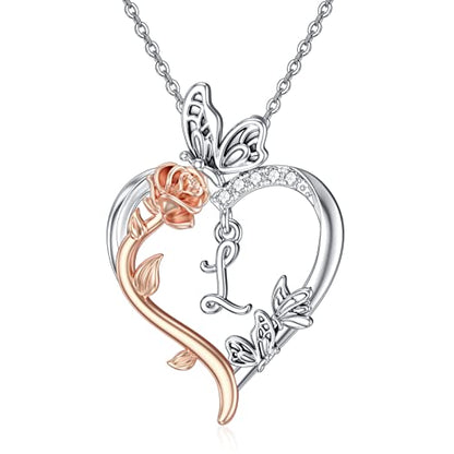 TOUPOP Gifts for Women Her 925 Sterling Silver Rose Heart Initial Necklace Butterfly Heart Jewelry Anniversary Birthday Gifts for Wife Girlfriend Mom - color: L Initial