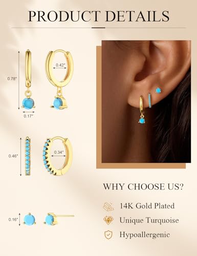 Freekiss 3 Pairs Hoop Earrings Set - Dainty Stud Dangle Cartilage for Women | Hypoallergenic Earrings, Cubic Zirconia Stackable Trendy Small Set Jewelry Gifts for Women - style: Turquoise Style-GD