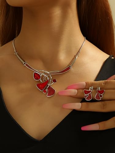 Chunky Statement Jewelry Set Vintage Retro Leaf Flower Floral Geometric Bohemian Boho Bib Necklace Earring Set Fashion Costume Jewelry for Women Girls Wedding Party Prom Unique Gift - style: triangle twist-pink