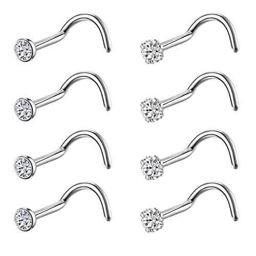 8PCS G23 Titanium Twist Screw Nose Studs 18G 20G Nose Rings 2mm 2.5mm 3mm Clear Pink Purple Aurora CZ Gold Nose Piercing Studs Nostril for Women Men - style: 18g silver clear cz 2.5mm