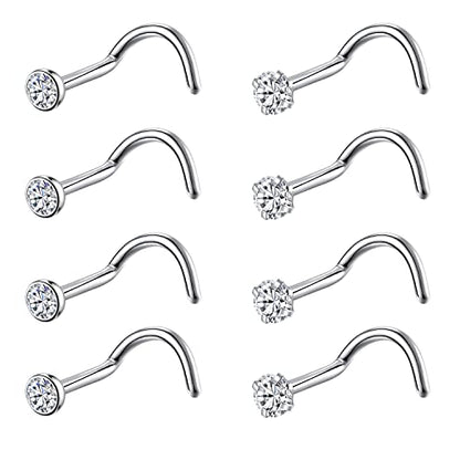 8PCS G23 Titanium Twist Screw Nose Studs 18G 20G Nose Rings 2mm 2.5mm 3mm Clear Pink Purple Aurora CZ Gold Nose Piercing Studs Nostril for Women Men - style: 18g silver clear cz 2.5mm