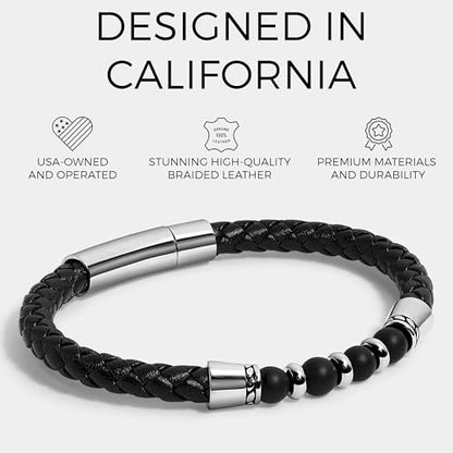 Elegatto Elagio Premium Braided Leather Bracelet for Men | Full-Grain Braided Leather with Sterling Silver Polished Stainless Steel Clasp | Men’s Designer Bracelets - color: Elagio Onyx, size: Extra Small