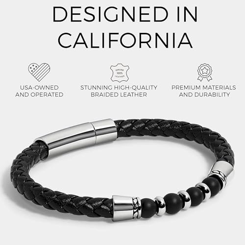 Elegatto Elagio Premium Braided Leather Bracelet for Men | Full-Grain Braided Leather with Sterling Silver Polished Stainless Steel Clasp | Men’s Designer Bracelets - color: Elagio Onyx, size: Small